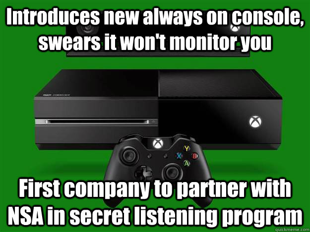 Introduces new always on console, swears it won't monitor you First company to partner with NSA in secret listening program  Microsoft Monitor