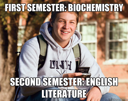 First semester: biochemistry Second semester: english literature  College Freshman