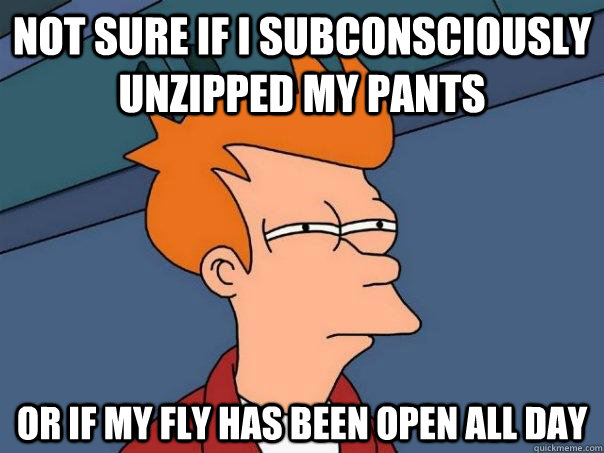 Not sure if I subconsciously unzipped my pants or if my fly has been open all day  Futurama Fry