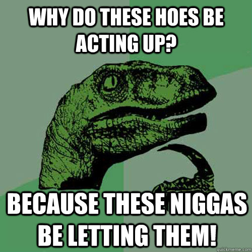 Why do these hoes be acting up? Because these niggas be letting them! - Why do these hoes be acting up? Because these niggas be letting them!  Philosoraptor