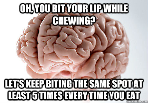 Oh, you bit your lip while chewing? Let's keep biting the same spot at least 5 times every time you eat - Oh, you bit your lip while chewing? Let's keep biting the same spot at least 5 times every time you eat  Scumbag Brain