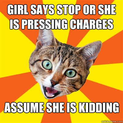 girl says stop or she is pressing charges assume she is kidding  Bad Advice Cat