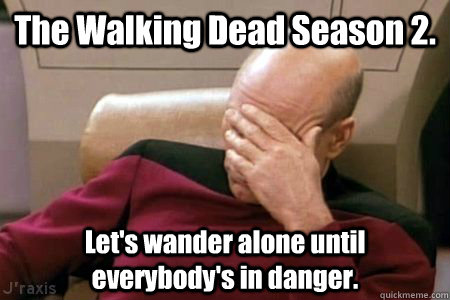 The Walking Dead Season 2. Let's wander alone until everybody's in danger.  Facepalm Picard