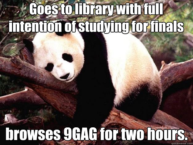 Goes to library with full intention of studying for finals browses 9GAG for two hours.  Procrastination Panda