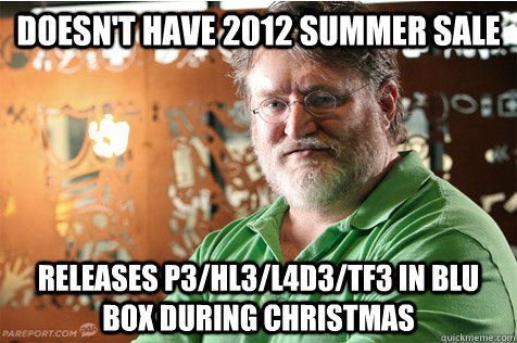 doesn't have 2012 summer sale releases p3/hl3/L4D3/TF3 in Blu box during christmas  Good Guy Gabe