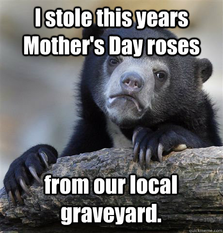 I stole this years Mother's Day roses from our local graveyard.  Confession Bear