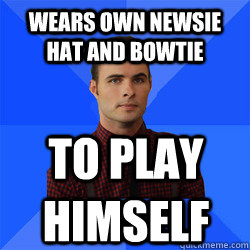 Wears own newsie hat and bowtie to play himself  Socially Awkward Darcy