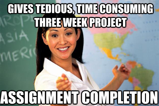 gives tedious, time consuming three week project assignment completion  Unhelpful High School Teacher