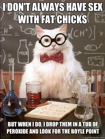 I don't always have sex with fat chicks but when I do, I drop them in a tub of peroxide and look for the boyle point - I don't always have sex with fat chicks but when I do, I drop them in a tub of peroxide and look for the boyle point  Chemistry Cat