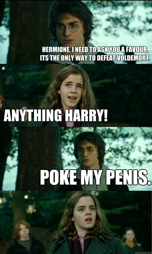 Hermione, i need to ask you a favour. its the only way to defeat voldemort.  ANYTHING HARRY! Poke my penis.  Horny Harry