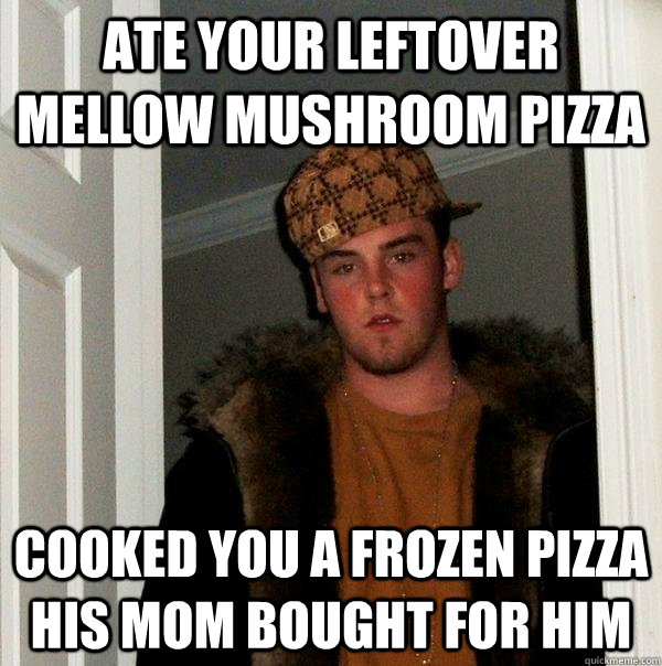 aTE your leftover mellow mushroom pizza cooked you a frozen pizza his mom boughT FOR HIM  Scumbag Steve