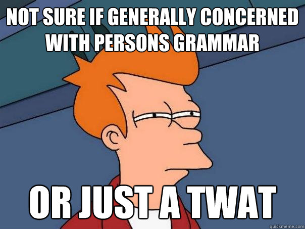 not sure if generally concerned with persons grammar or just a twat  Futurama Fry