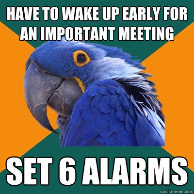 Have to wake up early for an important meeting set 6 alarms - Have to wake up early for an important meeting set 6 alarms  Paranoid Parrot