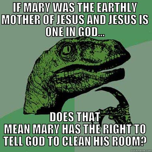 IF MARY WAS THE EARTHLY MOTHER OF JESUS AND JESUS IS ONE IN GOD... DOES THAT MEAN MARY HAS THE RIGHT TO TELL GOD TO CLEAN HIS ROOM? Philosoraptor