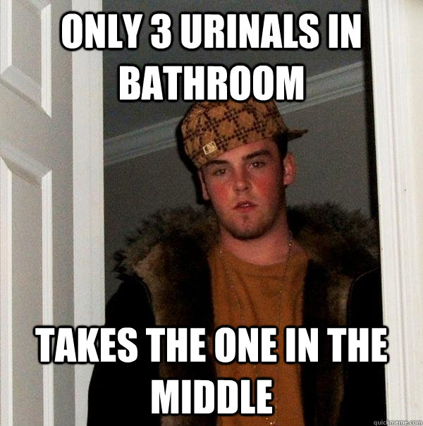 only 3 urinals in bathroom takes the one in the middle  Scumbag Steve