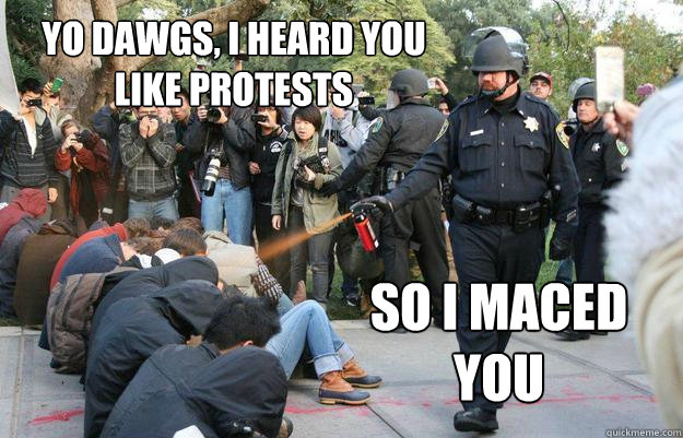 Yo dawgs, I heard you like protests So I maced you  Pimp Pepper Spray Cop