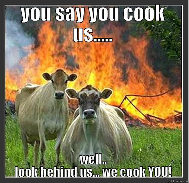 YOU SAY YOU COOK US..... WELL.. LOOK BEHIND US... WE COOK YOU! Evil cows