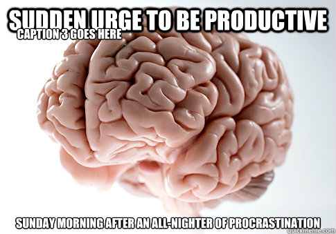 Sudden urge to be productive Sunday morning after an all-nighter of procrastination Caption 3 goes here  Scumbag Brain