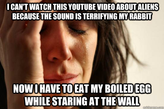  I can't watch this youtube video about aliens because the sound is terrifying my rabbit now I have to eat my boiled egg while staring at the wall  First World Problems