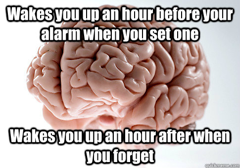 Wakes you up an hour before your alarm when you set one Wakes you up an hour after when you forget  - Wakes you up an hour before your alarm when you set one Wakes you up an hour after when you forget   Scumbag Brain