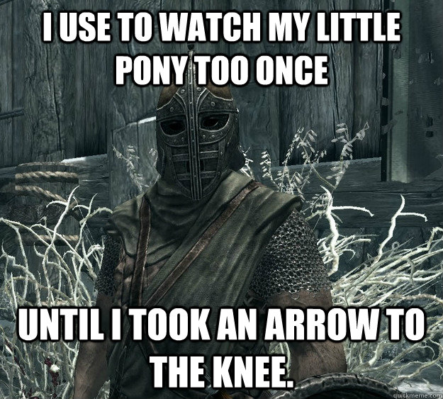 I use to watch My Little Pony too once Until I took an arrow to the knee. - I use to watch My Little Pony too once Until I took an arrow to the knee.  Skyrim Guard