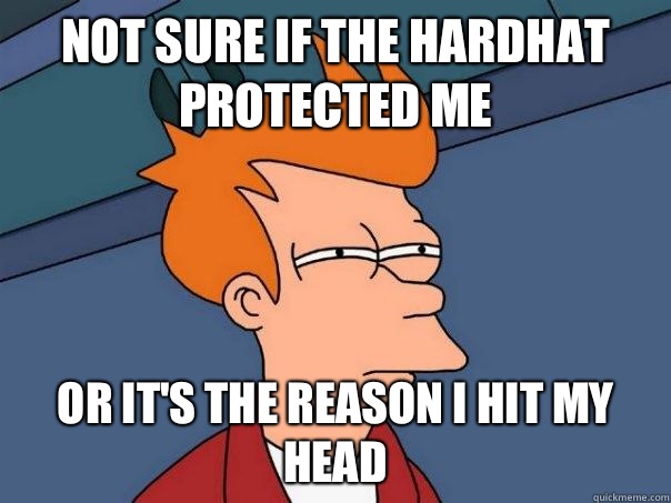 Not sure if the hardhat protected me Or it's the reason I hit my head  Futurama Fry