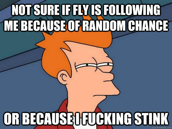 NOT SURE IF FLY IS FOLLOWING ME BECAUSE OF RANDOM CHANCE OR BECAUSE I FUCKING STINK - NOT SURE IF FLY IS FOLLOWING ME BECAUSE OF RANDOM CHANCE OR BECAUSE I FUCKING STINK  Futurama Fry