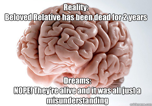 Reality:
Beloved Relative has been dead for 2 years Dreams:
NOPE! They're alive and it was all just a misunderstanding  Scumbag Brain