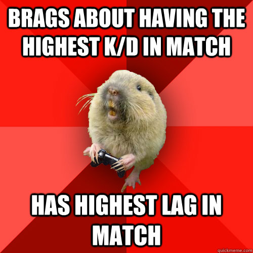 Brags about having the highest k/d in match Has highest lag in match  Gaming Gopher