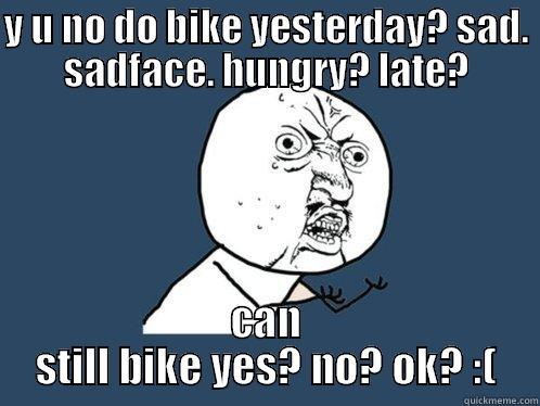 Y U NO DO BIKE YESTERDAY? SAD. SADFACE. HUNGRY? LATE? CAN STILL BIKE YES? NO? OK? :( Y U No