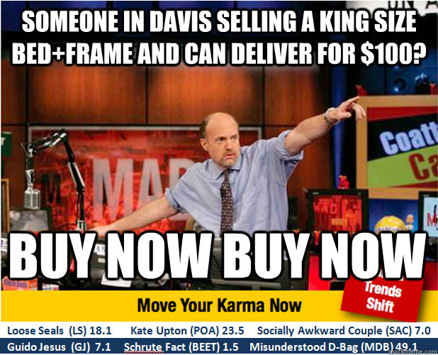 Someone in Davis selling a king size bed+frame and can deliver for $100? BUY NOW BUY NOW  Jim Kramer with updated ticker