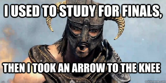 I used to study for finals, then i took an arrow to the knee  