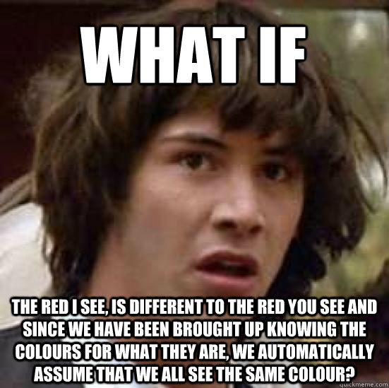 What if THe red I see, is different to the red you see and since we have been brought up knowing the colours for what they are, we automatically assume that we all see the same colour?   conspiracy keanu