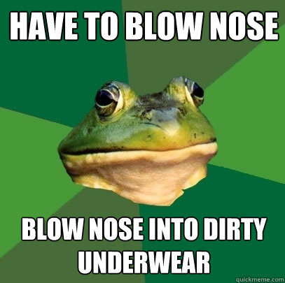 Have to blow nose blow nose into dirty underwear  Foul Bachelor Frog