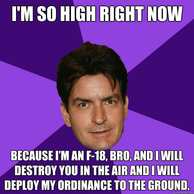 I'm so high right now Because I’m an F-18, bro, and I will destroy you in the air and I will deploy my ordinance to the ground.
  Clean Sheen