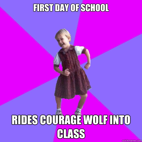 First day of school Rides courage wolf into class  Socially awesome kindergartener