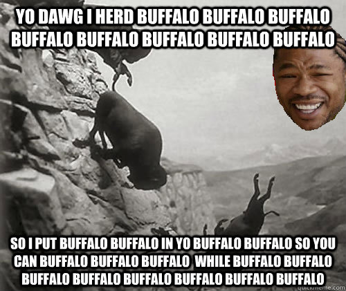 yo dawg i herd Buffalo buffalo Buffalo buffalo buffalo buffalo Buffalo buffalo So I put buffalo buffalo in yo Buffalo buffalo so you can buffalo buffalo buffalo  while Buffalo buffalo Buffalo buffalo buffalo buffalo Buffalo buffalo  Xzibit