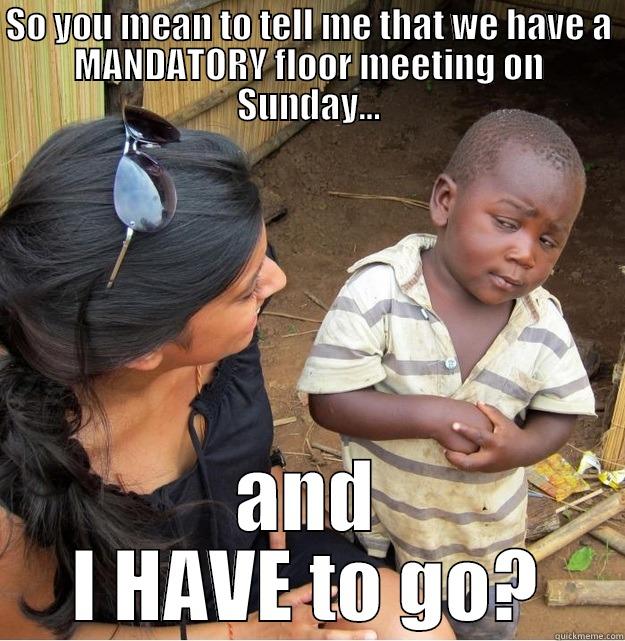 SO YOU MEAN TO TELL ME THAT WE HAVE A MANDATORY FLOOR MEETING ON SUNDAY... AND I HAVE TO GO? Skeptical Third World Kid