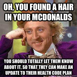 Oh, you found a hair in your mcdonalds  you should totally let them know about it, so that they can make an update to their health code plan - Oh, you found a hair in your mcdonalds  you should totally let them know about it, so that they can make an update to their health code plan  Condescending Wonka