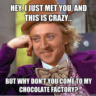 Hey, I just met you, and this is crazy... But why don't you come to my chocolate factory?  Willy Wonka Meme