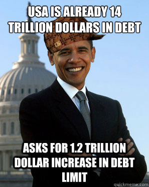 USA is already 14 Trillion dollars in debt  Asks for 1.2 trillion dollar increase in debt limit  Scumbag Obama