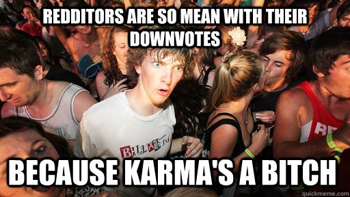 redditors are so mean with their downvotes because karma's a bitch - redditors are so mean with their downvotes because karma's a bitch  Sudden Clarity Clarence