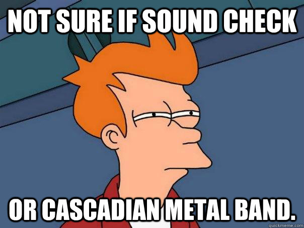 Not sure if sound check or cascadian metal band.  Futurama Fry