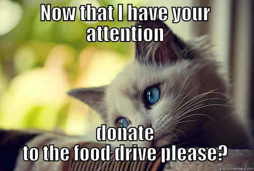 NOW THAT I HAVE YOUR ATTENTION DONATE TO THE FOOD DRIVE PLEASE? First World Problems Cat