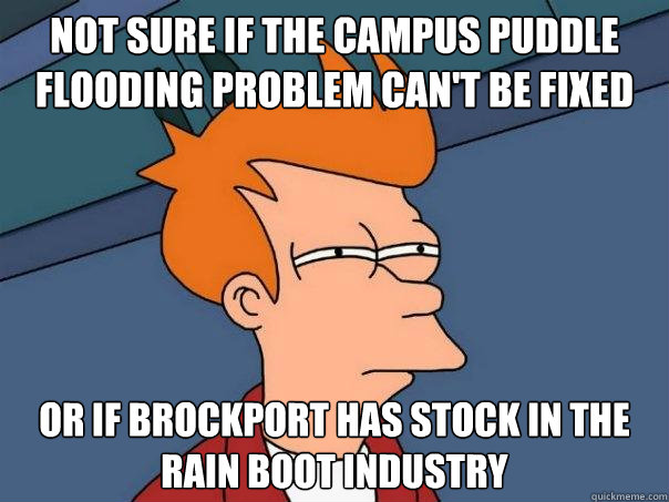 Not sure if the campus puddle flooding problem can't be fixed  or if brockport has stock in the rain boot industry  - Not sure if the campus puddle flooding problem can't be fixed  or if brockport has stock in the rain boot industry   Futurama Fry