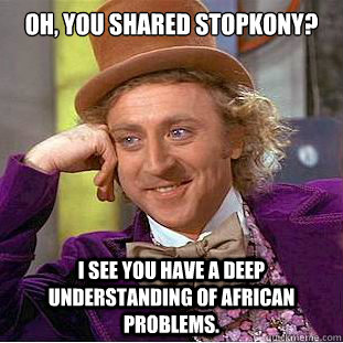 Oh, you shared StopKony? I see you have a deep understanding of African problems. - Oh, you shared StopKony? I see you have a deep understanding of African problems.  Condescending Wonka