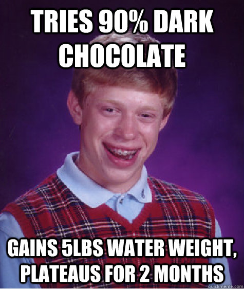 Tries 90% dark chocolate Gains 5lbs water weight, plateaus for 2 months  Bad Luck Brian