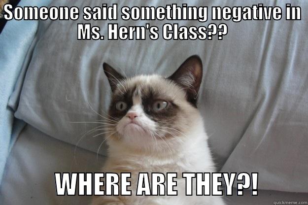 not in my class - SOMEONE SAID SOMETHING NEGATIVE IN MS. HERN'S CLASS??             WHERE ARE THEY?!          Grumpy Cat