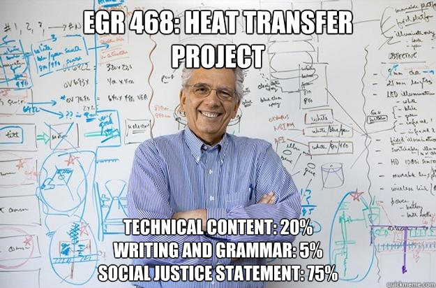 EGR 468: heat transfer
project technical content: 20%
writing and grammar: 5%
social justice statement: 75%  Engineering Professor
