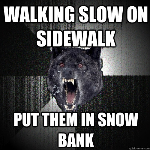 Walking slow on sidewalk put them in snow bank  Insanity Wolf